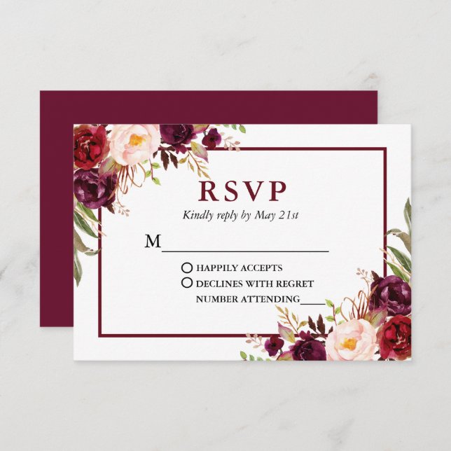 Moderne elegante Hochzeit in Burgund RSVP Karte (Vorne/Hinten)