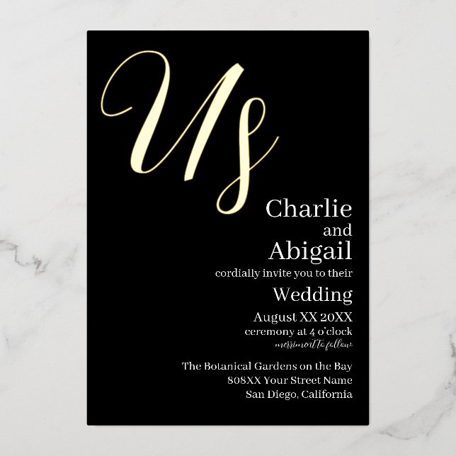 Moderne, elegante Hochzeit in den USA auf schwarz Folieneinladung (Vorderseite)