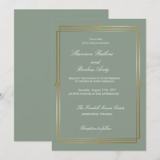 Moderne elegante Hochzeit in Salbeigrün und Gold Einladung