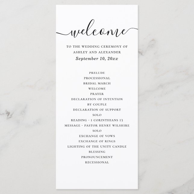 Moderne elegante Hochzeit | Minimale Skript-Zeremo Programm (Vorderseite)