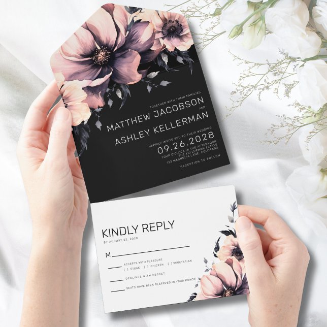 Moderne elegante Hochzeit mit floralen Farben All In One Einladung (Modern Elegant Watercolor Floral Pink Wedding All in One Invitation)