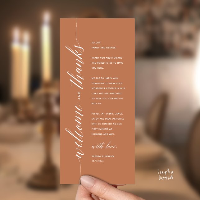 Moderne elegante Hochzeitsdinner-Dankeskarten Programm (Modern Classy Wedding Reception Dinner Thank You Card, Bridal Shower in Terracotta Brown)