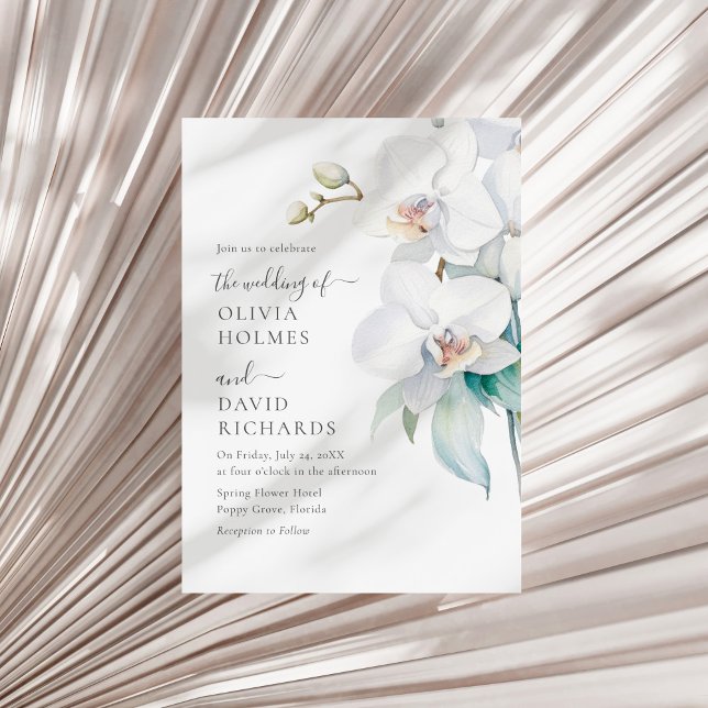 Moderne elegante Hochzeitsfeier mit weißer Orchide Einladung (Modern Elegant White Orchid Wedding Invite on a white dry palm leaf.)