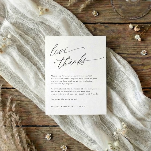 Moderne elegante Hochzeitskarte Dankeskarte (Modern simple black and white thank you card for wedding reception tables.)