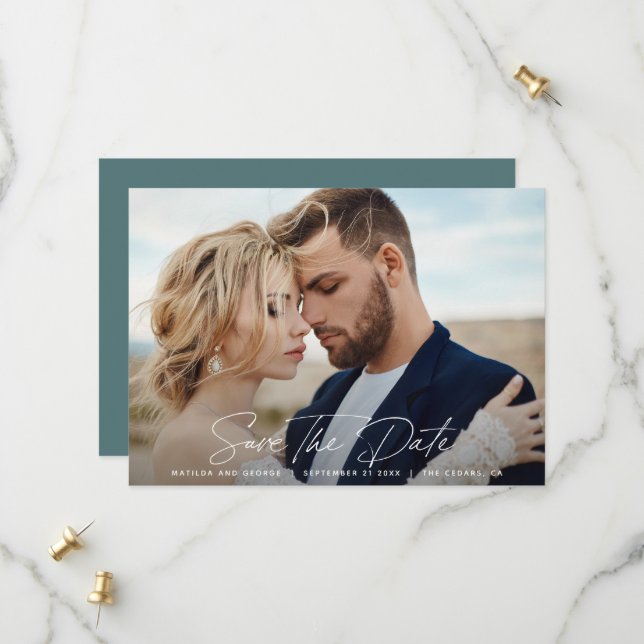 Moderne elegante Hochzeitsschrift Save The Date (Vorderseite/Rückseite Beispiel)