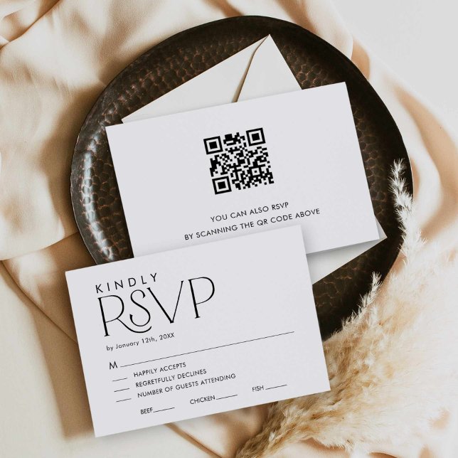 Moderne Elegante Hochzeitsstiftung mit QR-Codelkar RSVP Karte (Modern Black and White RSVP with QR Code card)