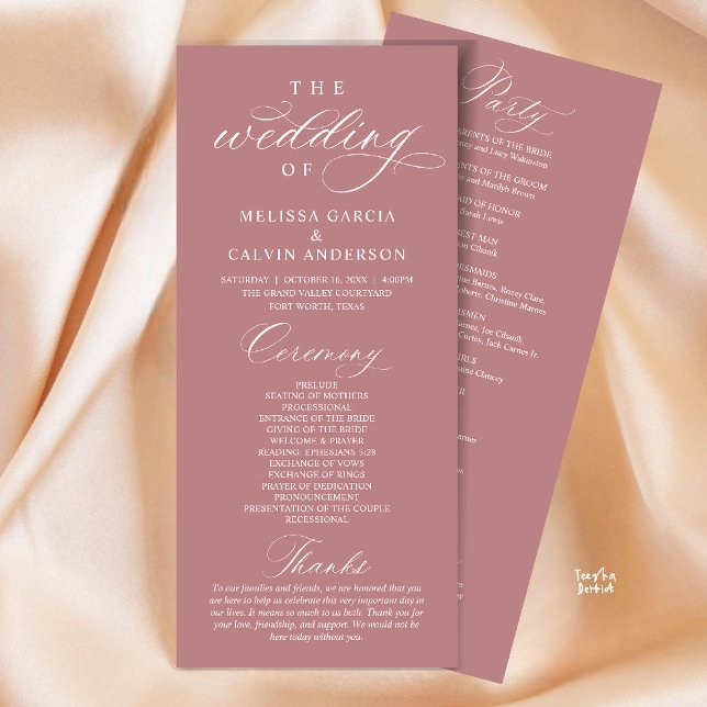 Moderne elegante Hochzeitszeremonie Programm (Modern Classy Elegant Wedding Ceremony Program card dusty rose pink)