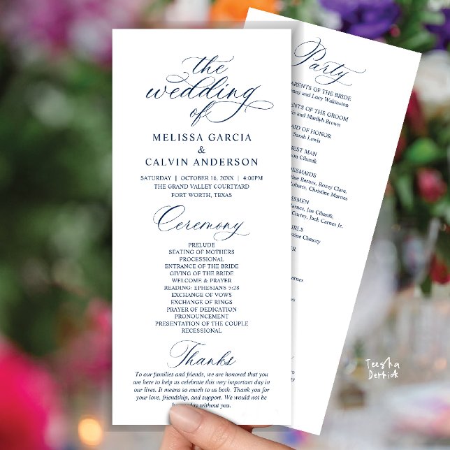 Moderne elegante Hochzeitszeremonie Programm (Modern Classy Elegant Romantic Wedding Ceremony Program Card in Navy Blue)