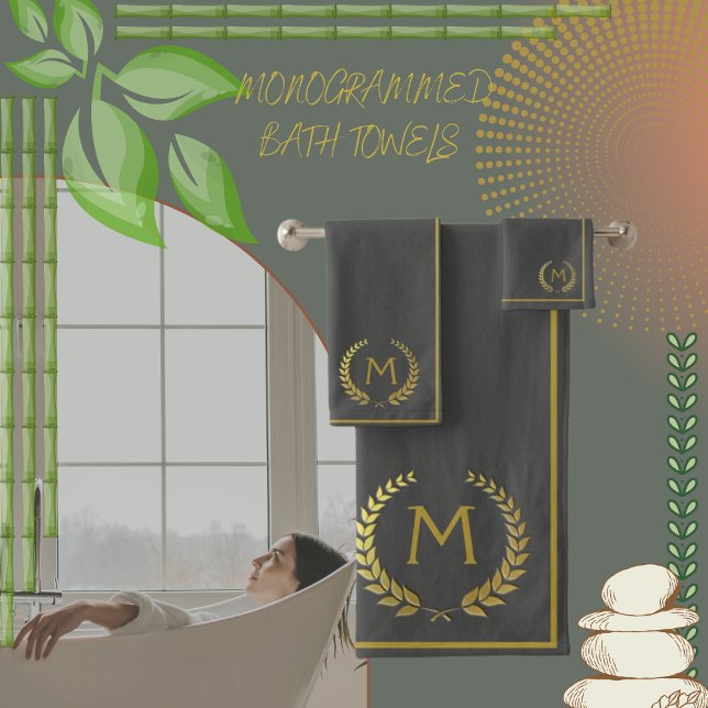 Moderne elegante Holzkohle Gold Chic Monogrammiert Badhandtuch Set (Von Creator hochgeladen)