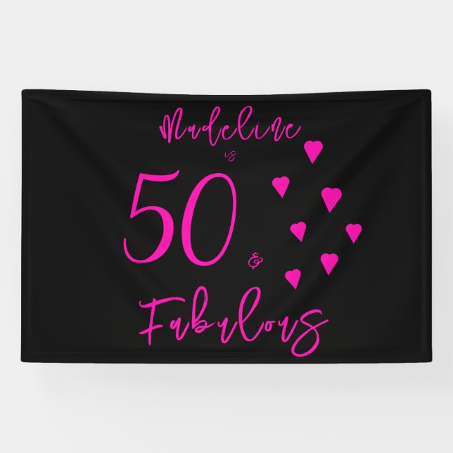 Moderne elegante Hot Pink Hearts Black 50. Geburts Banner (Horizontal)