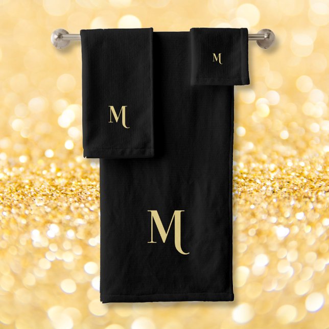 Moderne elegante Imitats Gold Script Mit Monogramm Badhandtuch Set (Modern Elegant Faux Gold Script Monogrammed Black Bath Towel Set)