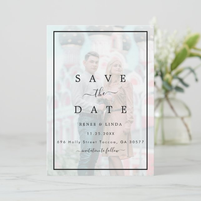 Moderne elegante Imitats Vellum Effect Foto Hochze Save The Date (Stehend Vorderseite)