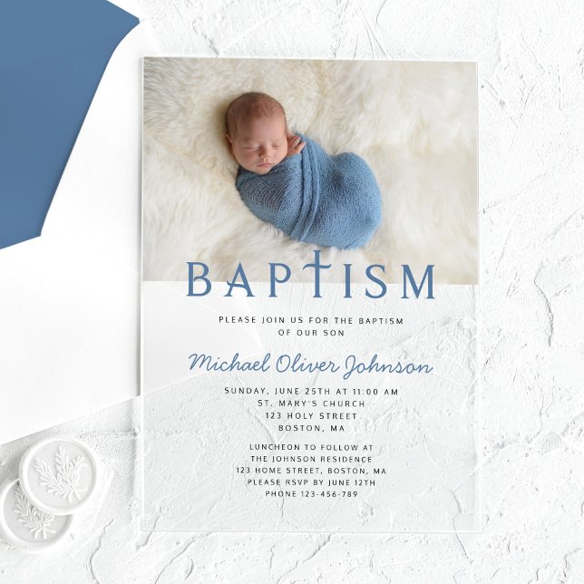 Moderne elegante junge Foto-Taufe Acryleinladungen (Modern Elegant Boy Photo Baptism Acrylic Invitations)