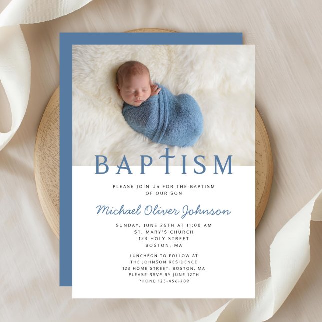 Moderne elegante junge Foto-Taufe Einladung (Religious Cross Blue Photo Boy Baptism Invitation)