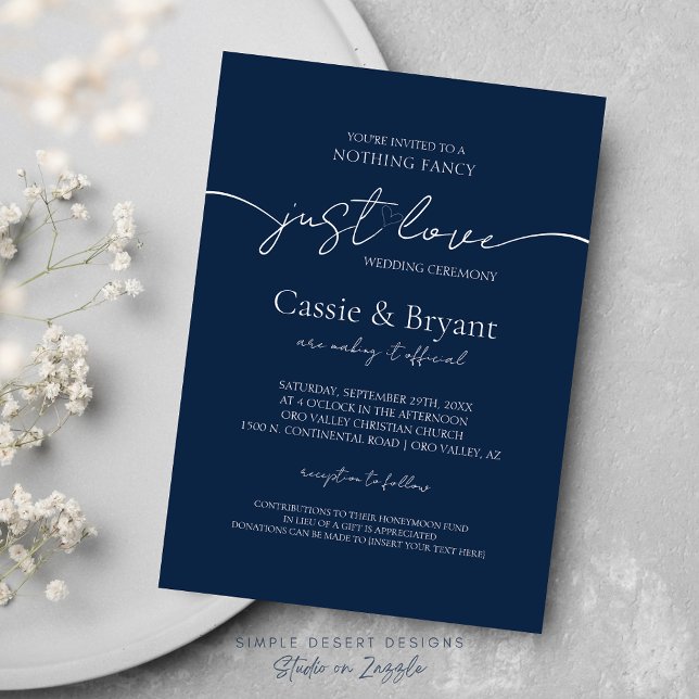 Moderne Elegante Just Liebe Blue Script Hochzeit Einladung (Simple Elegant Navy Blue Wedding Invitations Nothing Fancy Just Love Wedding Theme)