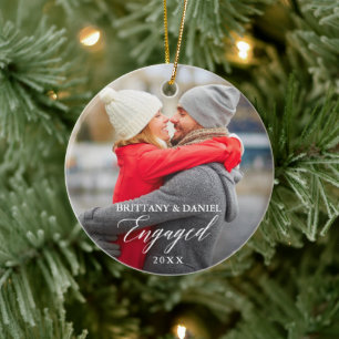 Moderne Elegante Kalligrafie Couple Foto Verlobt Keramik Ornament