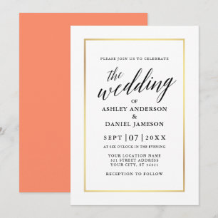 Moderne elegante Kalligrafie HochzeitkorallenGold Einladung