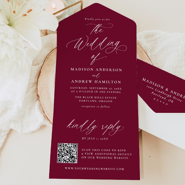 Moderne elegante Kalligraphie Burgundy Wedding All In One Einladung (Von Creator hochgeladen)