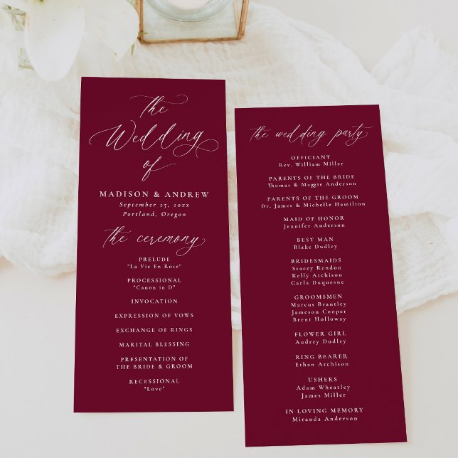 Moderne elegante Kalligraphie Burgundy Wedding Programm (Von Creator hochgeladen)