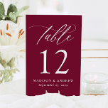 Moderne elegante Kalligraphie Burgundy Wedding Tischnummer<br><div class="desc">Fügen Sie Ihrem Hochzeitsempfang eine reiche, romantische Touch mit unseren eleganten Tischnummern-Karten hinzu, die mit einer anmutigen weißen Kalligraphie auf einem tiefburgundischen Hintergrund aufwarten. Dieses moderne und zeitlose Design schafft einen atemberaubenden Kontrast, der Hochzeiten zu jedem Thema ergänzt, von rustikalen Herbstfeiern bis hin zu klassischen Winterveranstaltungen und darüber hinaus. Personalisieren...</div>