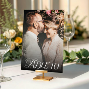 Moderne, elegante Kalligraphie-Foto Hochzeit Tischnummer