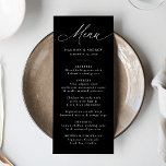Moderne elegante Kalligraphie Schwarz-Weiß-Hochzei Menükarte<br><div class="desc">Erleben Sie ein kulinarisches Erlebnis mit diesem eleganten Hochzeitsmenü, das auf einem zeitlosen schwarzen Hintergrund in anmutiger weißer Kalligrafie mit "Menu" besticht. Dieses moderne Design ist perfekt für Hochzeiten jeder Jahreszeit geeignet und eignet sich sowohl für Feiern als auch für lässige Feiern. Es ermöglicht Paaren, ihre Speisekarte mit Namen, Hochzeitstag...</div>