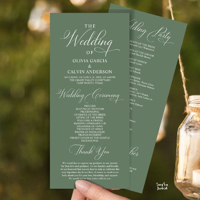 Moderne elegante klassische Hochzeitszeremonie-Ord Programm (Modern Elegant Classy Wedding Ceremony Order Program Card in sage green)