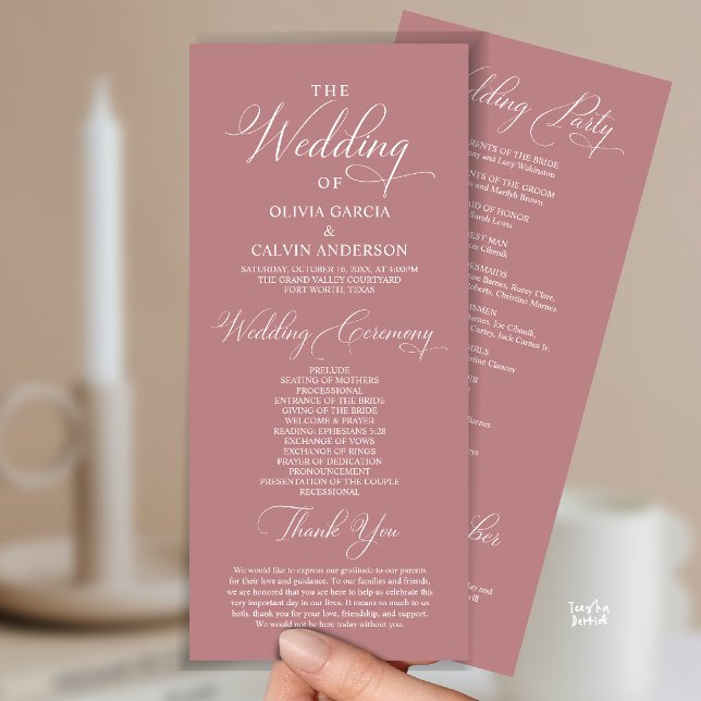 Moderne elegante klassische Hochzeitszeremonie-Ord Programm (Modern Elegant Classy Wedding Ceremony Order Program Card in dusty rose pink)