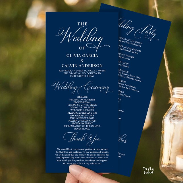 Moderne elegante klassische Hochzeitszeremonie-Ord Programm (Modern Elegant Classy Wedding Ceremony Order Program Card in Navy Blue)