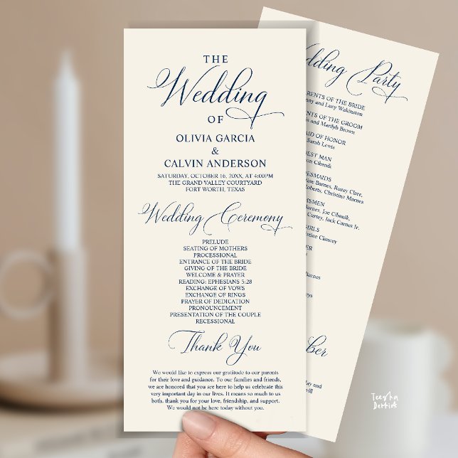 Moderne elegante klassische Hochzeitszeremonie-Ord Programm (Modern Elegant Classy Wedding Ceremony Order Program Card in Navy Blue and ivory)