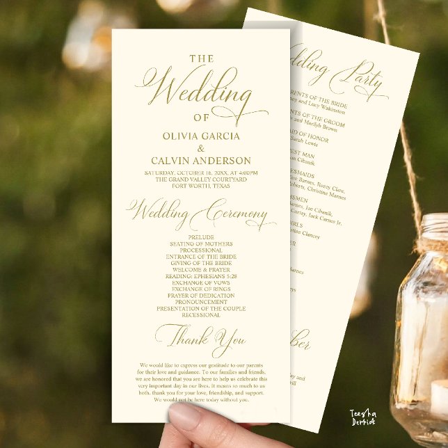 Moderne elegante klassische Hochzeitszeremonie-Ord Programm (Modern Elegant Classy Wedding Ceremony Order Program Card in yellow gold cream)