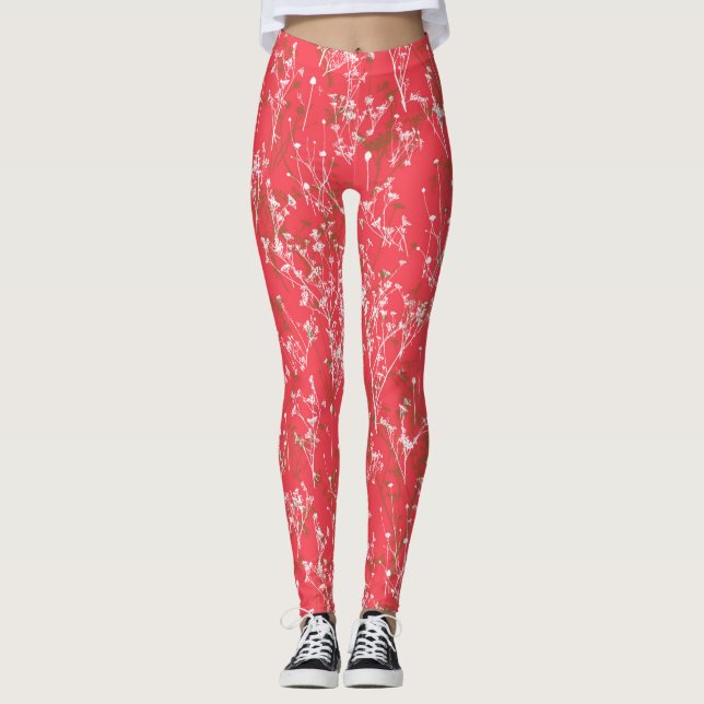 Moderne elegante korallenrote Wildblumen Leggings (Vorderseite)
