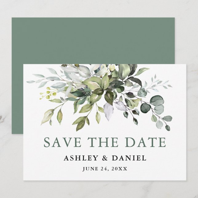 Moderne elegante Landschaft Grün Wasserfarben Save The Date (Vorne/Hinten)