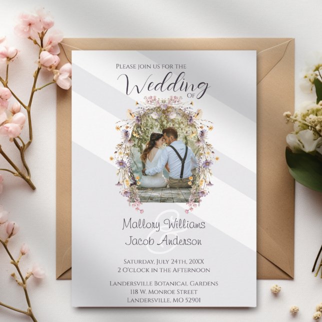 Moderne Elegante Lila Foto Hochzeit Einladung (Modern Elegant Purple Floral Photo Arch Wedding Invitation)