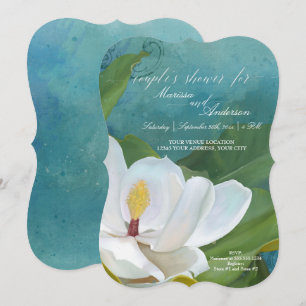 Moderne Elegante Magnolia Floral Blue Couples Dusc Einladung
