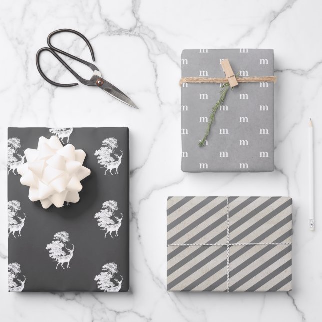 Moderne elegante maskuline graue Monogramm Geschenkpapier Set (Vorderseite)
