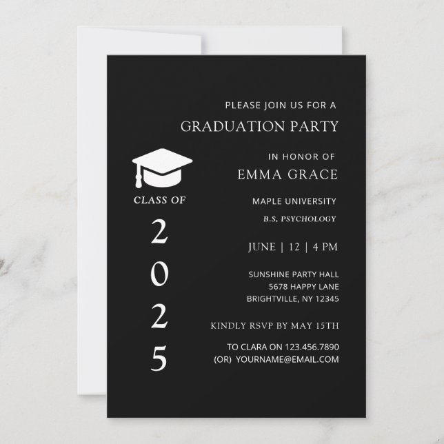 Moderne elegante Minimal Black Graduation Party Einladung (Vorderseite)
