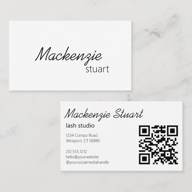 Moderne elegante minimale Haar-QR-Code-Schrift Visitenkarte (Vorne/Hinten)