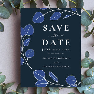 Moderne Elegante Minimalistische Blatt Blaue Hochz Save The Date