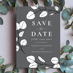 Moderne Elegante Minimalistische Blatt Graue Hochz Save The Date