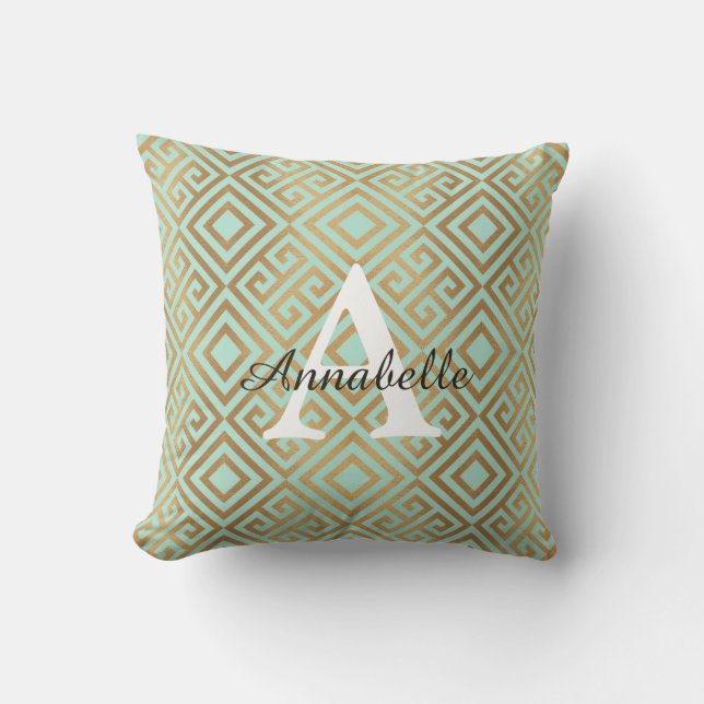 Moderne elegante Mint Green Gold Monogram Kissen (Vorderseite)