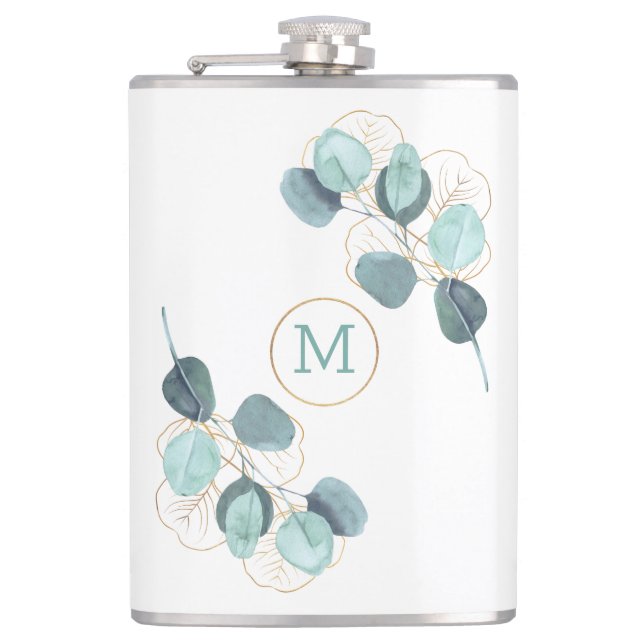 Moderne Elegante Mit Monogramm Eukalyptus Gold Flachmann (Vorderseite)