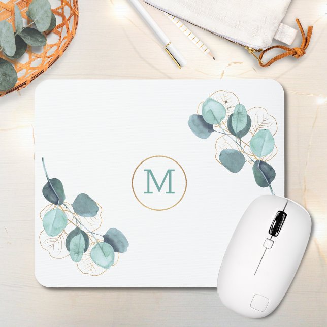 Moderne Elegante Mit Monogramm Eukalyptus Gold Mousepad (Von Creator hochgeladen)