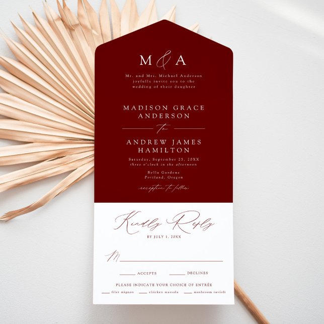 Moderne elegante Mongram Burgundy Wedding All In One Einladung (Von Creator hochgeladen)
