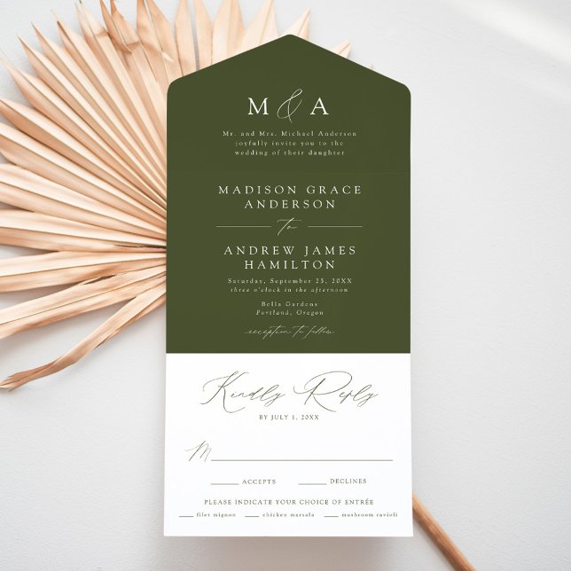 Moderne elegante Mongram Olive Green Wedding All In One Einladung (Von Creator hochgeladen)