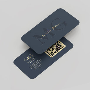 Moderne elegante Monogram Beruflich Dark Blue QR Visitenkarte