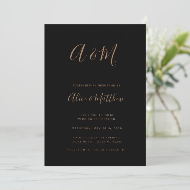 Moderne elegante Monogram Black Gold Wedding Einladung (Stehend Vorderseite)