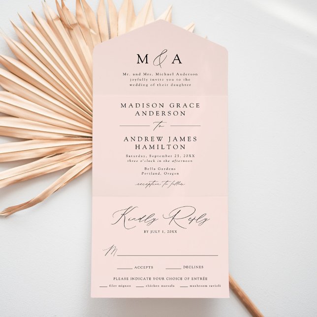 Moderne, elegante Monogram-Blush-Hochzeit All In One Einladung (Von Creator hochgeladen)