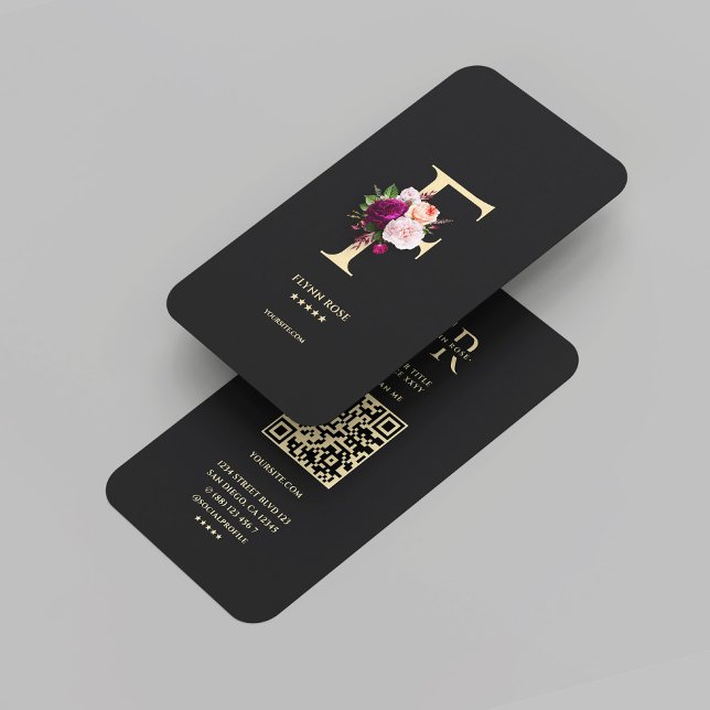 Moderne elegante Monogram F Floral Rose Black Visitenkarte (Modern Elegant Monogram F Floral Black Gold Business Card
)