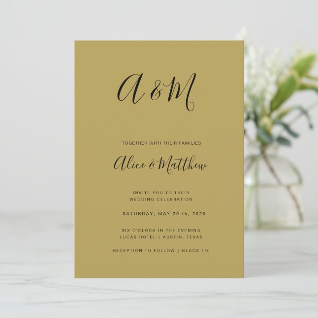 Moderne elegante Monogram Gold Black Wedding Einladung (Stehend Vorderseite)